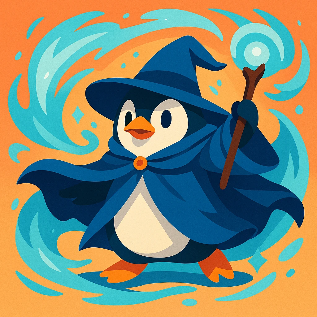 a penguin wizard with a flowing cloak, icy blue magic swirling around, in a fantasy art style emoji