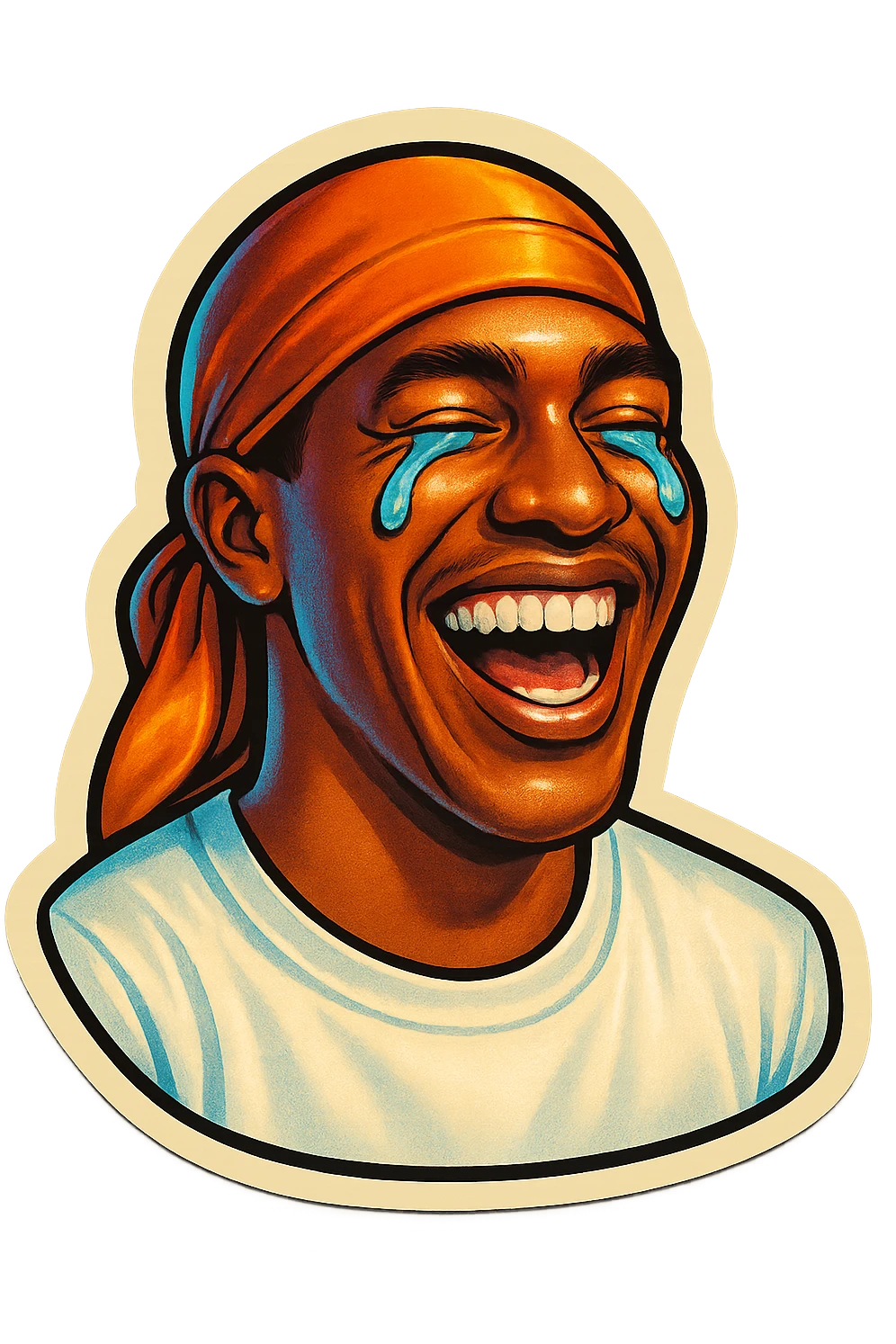  laughing crying
make his shirt white
make him smile
Change His durag To orange emoji