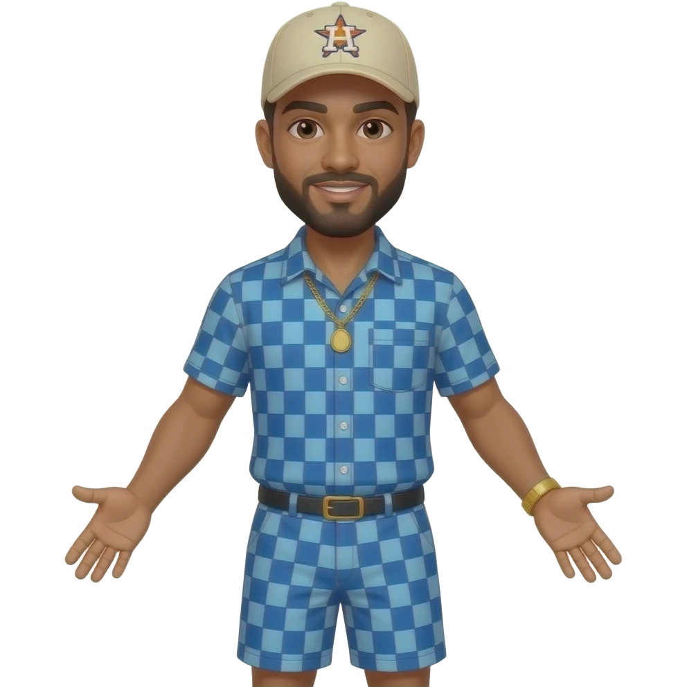 Man with light honey skin tone with lightly shaved black beard wearing a blue button up short sleeve shirt with matching shorts with square pattern design wearing a beige Huston Astros logo baseball cap wearing a gold watch wearing a gold tennis necklace holding hands out emoji