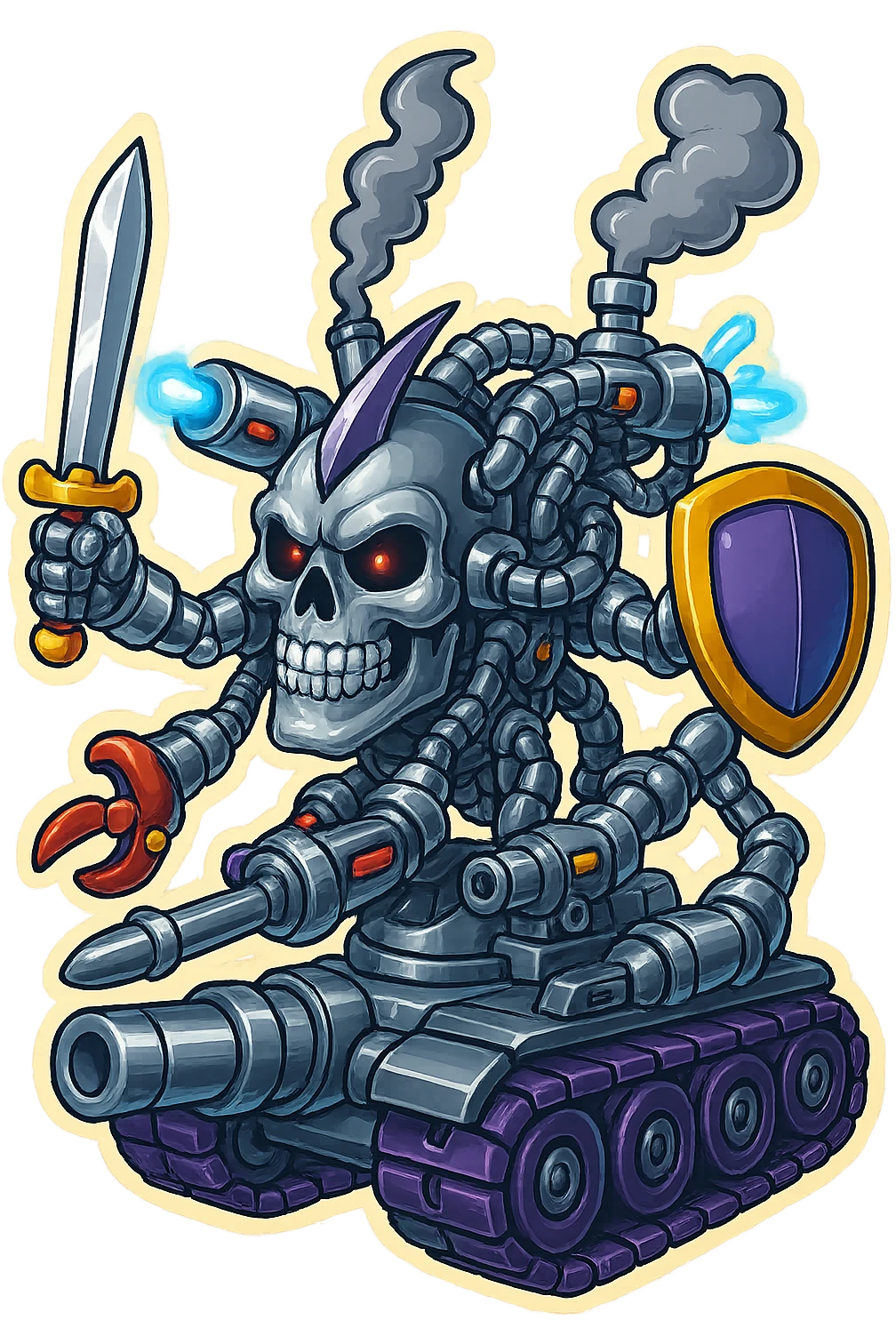 Edit the skull robot tank to have 4 distinct arms, each hand holding a different weapon such as a sword, blaster, claw, and shield. All metal parts should be shiny greyscale, with some non-metal elements having vibrant color accents. Maintain the retro stickers style with a clean outline and transparent background. emoji