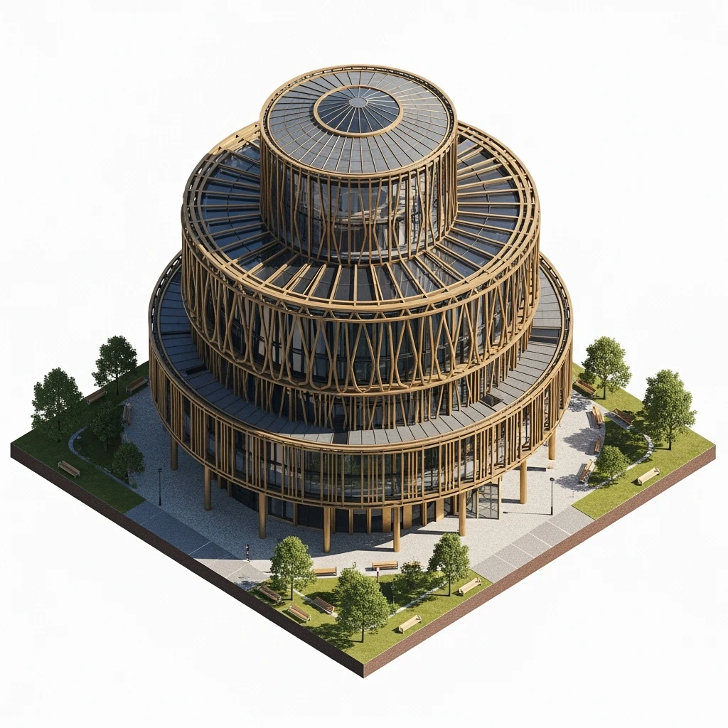 Isometric photorealistic illustration of Birmingham library highly detailed in semi-realistic, 3D miniature effect, transparent background. emoji