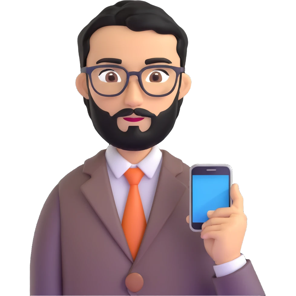 professional man with medium black beard, neat black hair, connected unibrow, olive tan skin, brown eyes, glasses, prominent nose, wearing business casual attire, holding a smartphone in hand emoji