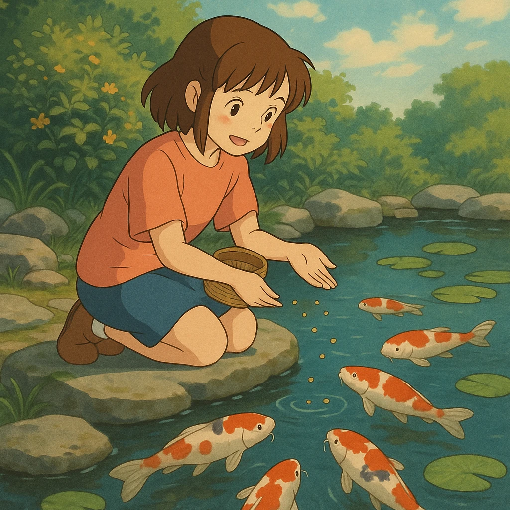 girl feeding koi fish in a pond emoji