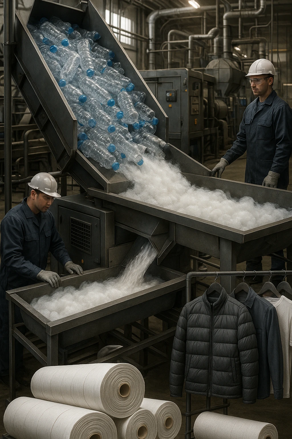 vertical realistic scene in 2:3 aspect ratio depicting an industrial recycling chain where PET plastic bottles are processed and turned into polyester fabric for clothing. Show detailed bottles, machinery, and finished clothes. Professional atmosphere, factory environment, clear industrial process. emoji