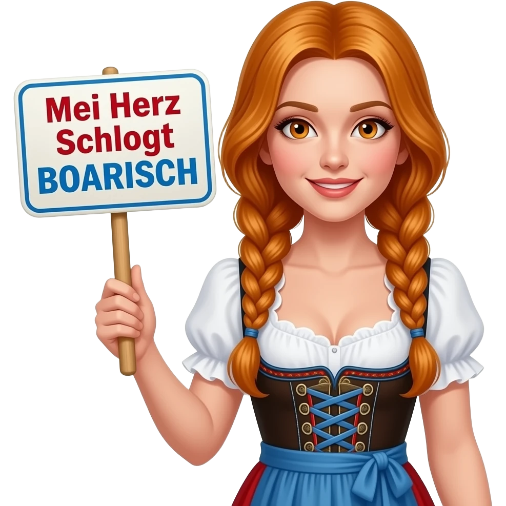 sexy girl with overlong ginger hair in braids and ginger eyes wearing a dirndl holding a Mei Herz schlogt BOARISCH sign emoji