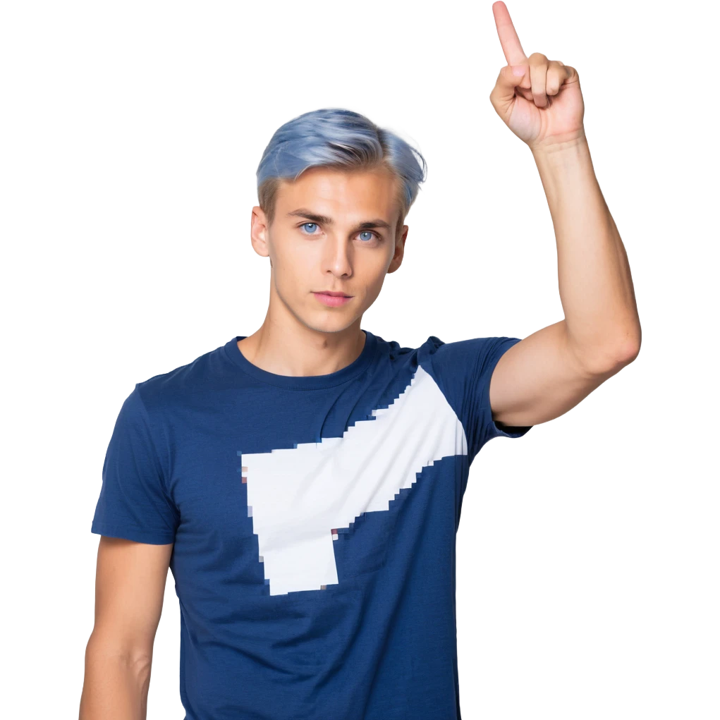 Flat pixel art, confident male leader, Caucasian, short neat blonde hair, sharp eyes, indigo T-shirt, one arm raised pointing out, waist-up, front-facing emoji
