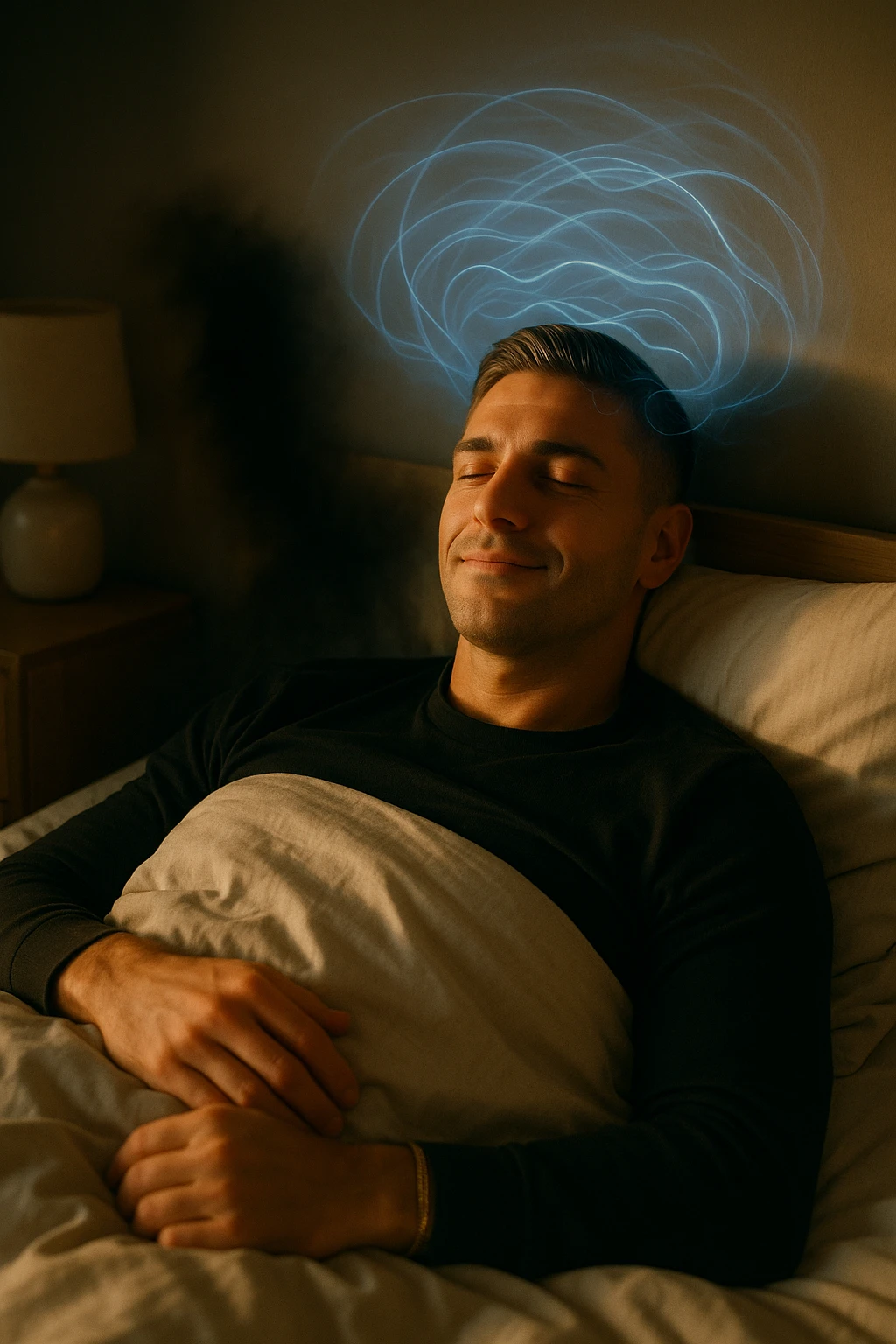 A cinematic image of a man in his mid-30s lying in bed, just waking up from deep sleep. His expression is calm and visibly transformed — a sense of inner peace, relief and subtle joy on his face. Soft morning light enters the room, casting gentle golden tones over his features. His eyes sono ancora semi chiusi, ma il viso è disteso, come se un grande peso fosse stato rilasciato durante la notte. Accanto a lui, simbolicamente sfocato, un’ombra o un alone scuro si dissolve, rappresentando il malessere notturno superato. Intorno alla sua testa, leggere onde di luce azzurra o bianca simboleggiano l’attività cerebrale rigenerativa della fase REM. La camera è ordinata, minimalista, con materiali naturali. L’atmosfera è serena, rigenerativa, intima. Shot in 35mm film style, high realism, shallow depth of field, warm highlights and clean shadows. emoji