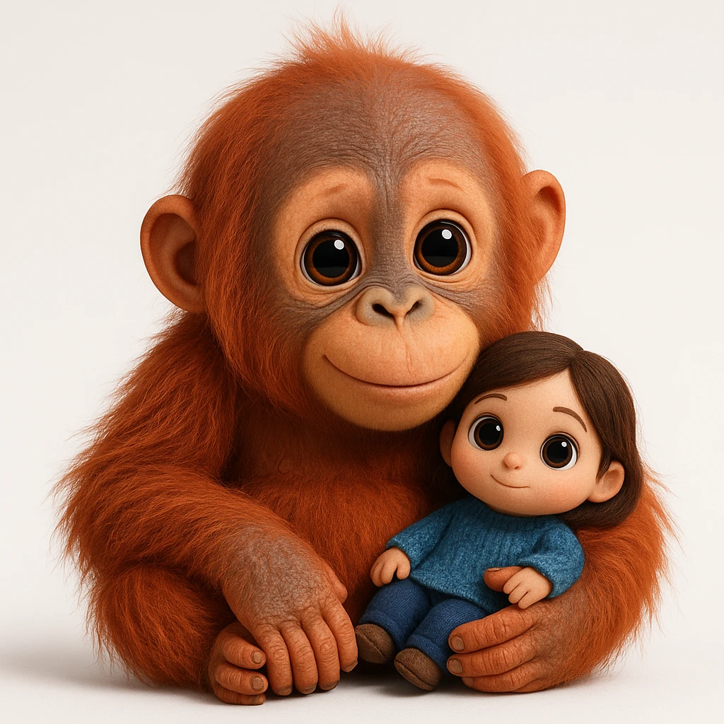 {
  "rendering": "3D rendered digital illustration",
  "materials": "high-detail textures with realistic material rendering",
  "lighting": "studio lighting with soft diffused shadows",
  "shading": "soft ambient occlusion, subsurface scattering on skin",
  "forms": "rounded smooth forms",
  "background": "clean white background",
  "eyes": "glossy reflective eyes",
  "colors": "vibrant saturated colors",
  "surface_detail": "detailed surface textures including fur strands and fabric weave",
  "animal_proportions": "naturalistic proportions for animals and objects",
  "human_proportions": "cute stylized proportions with large expressive eyes for human characters only",
  "subject": "orangoutang"
} emoji