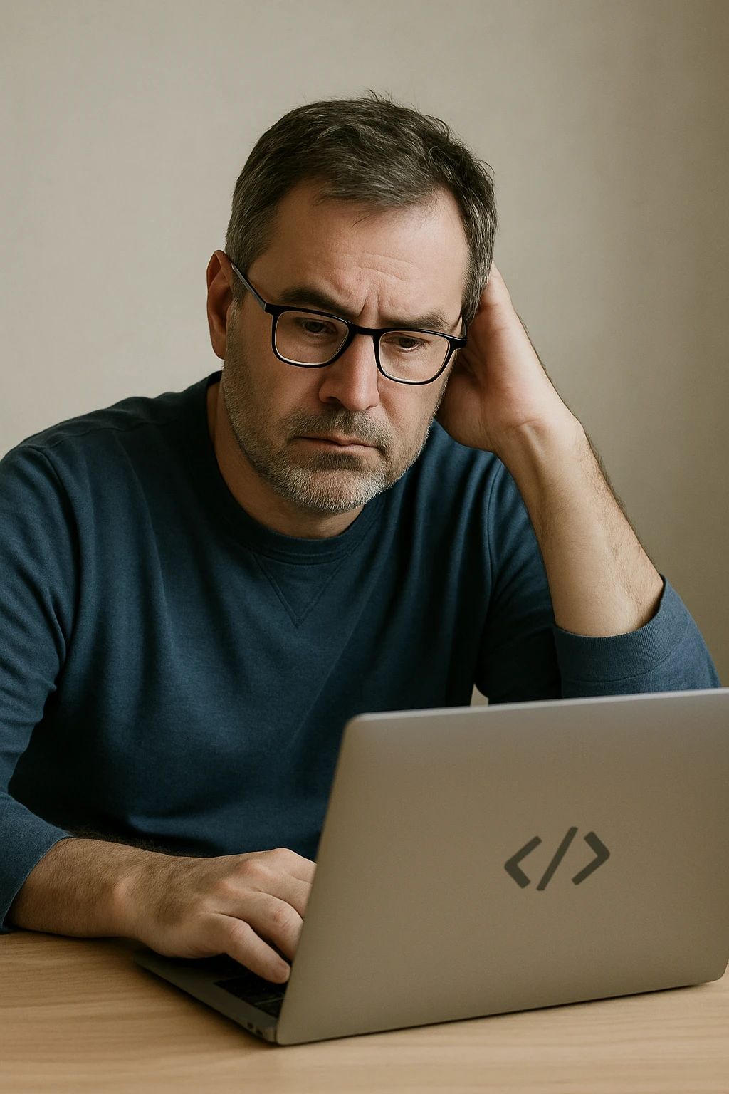 Create an image of a realistic, less cute middle-aged male developer wearing glasses. He is dressed in blue-toned clothing with other colors muted and toned down. The developer is sitting in front of a laptop with an expression of pondering lunch options. The background should be simple and minimalistic. The style should be realistic and not cartoonish, without any food icons, focusing on a natural and subdued color palette. emoji