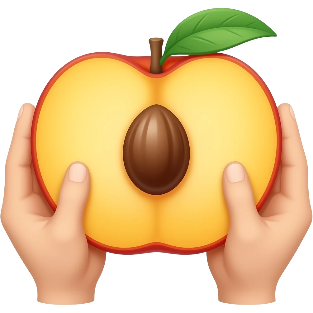 Mache ein ganzen Pfirsich mit einem kleinen runden und tiefen Loch In der mitt der Pfirsich-Spalte und der Pfirsich wird an den Seiten von zwei Händen gehalten emoji