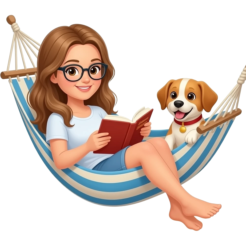 adult female with long light brown hair and glasses in hammock reading a book by a beach with a dog in the hammock emoji
