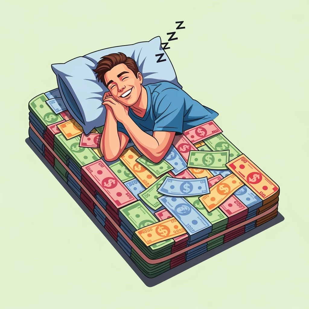 digital vector art of  happy person napping on mattress of money emoji
