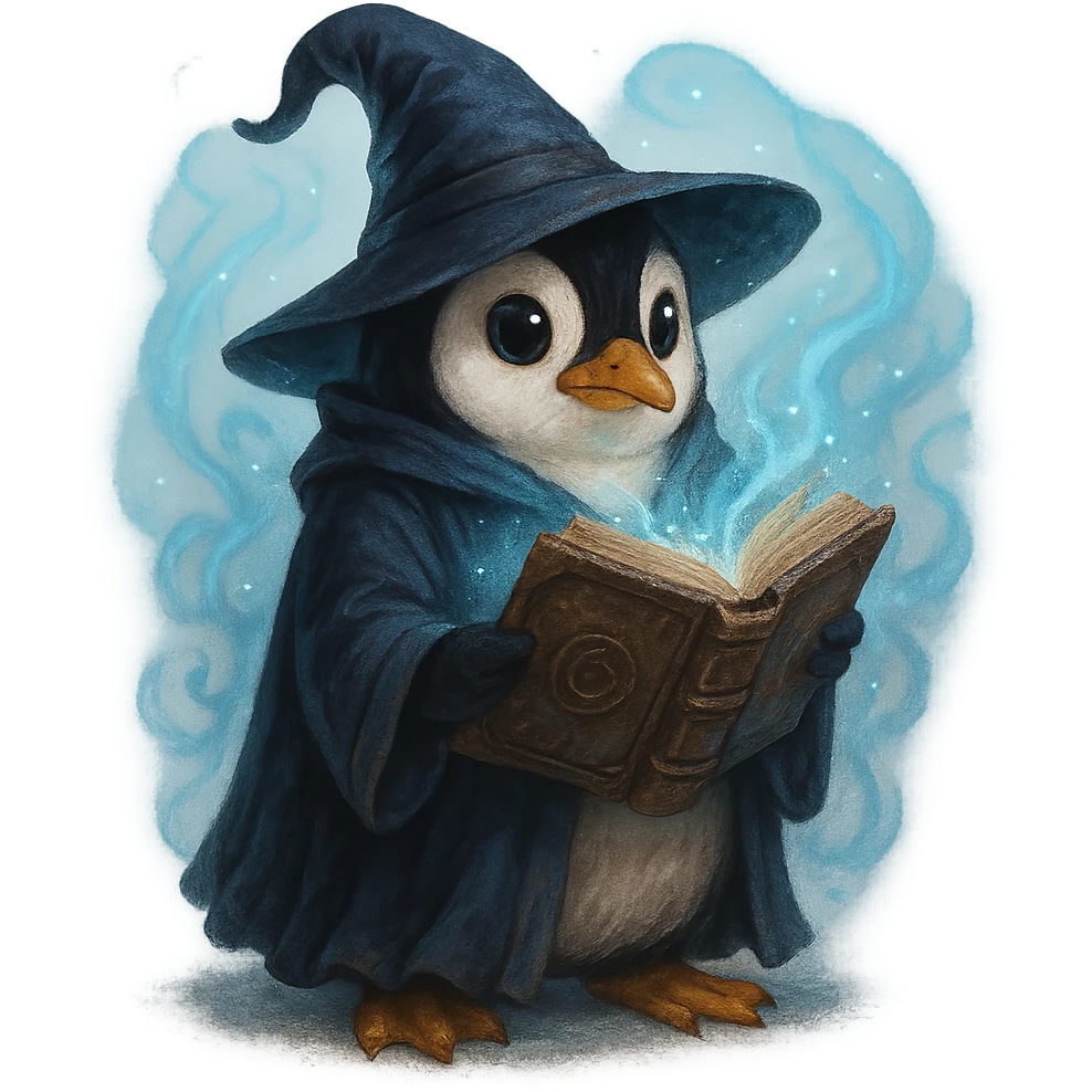 penguin wizard holding an ancient book, mystical aura emoji