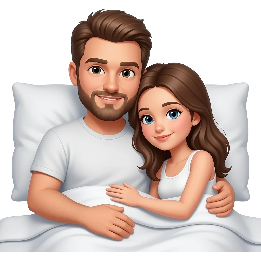 Realistic white man brown hair with beard in bed cuddling white girl brown hair emoji