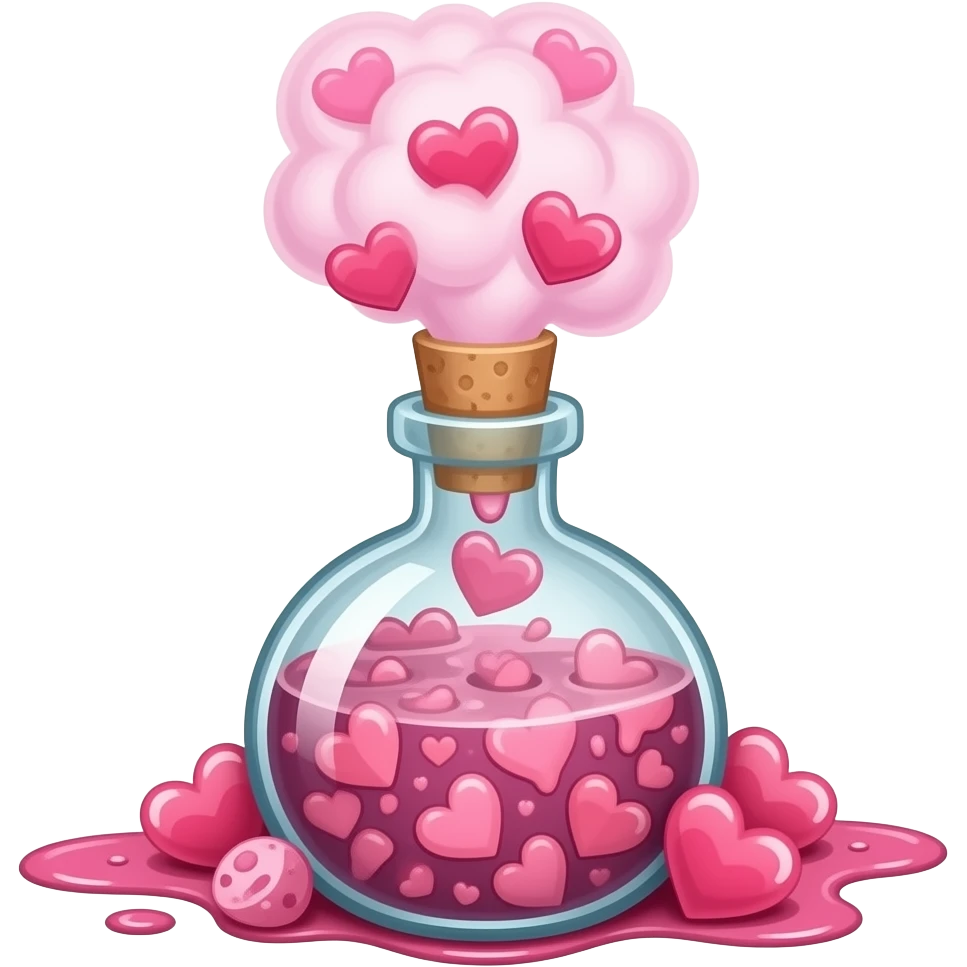 An aphrodisiac potion bottle fuming with pink fog hearts oozing out emoji