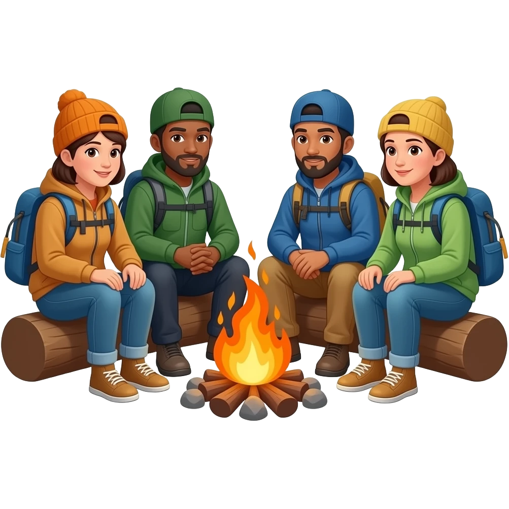 race neutral people around a campfire wearing camping clothing emoji