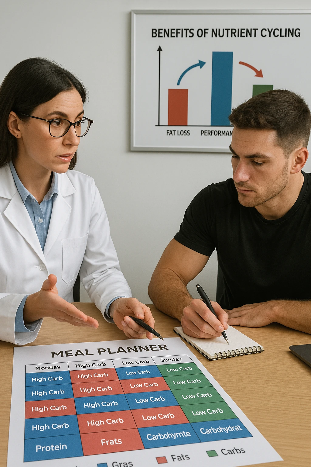 a nutritionist explains to an athlete how to cycle macronutrients for fat loss and training. On the desk, a weekly meal planner shows alternating high-carb and low-carb days, with color-coded sections for proteins, fats, and carbs. The athlete takes notes, and a chart in the background illustrates the benefits of nutrient cycling. The mood is professional and educational. scritto in italiano emoji