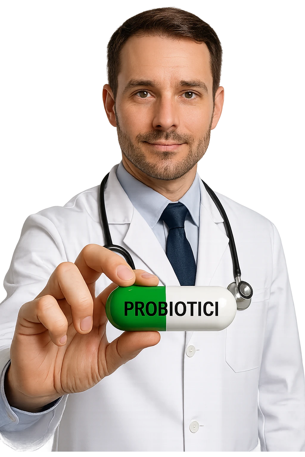 Dottore con pillola in mano chiamata PROBIOTICI emoji