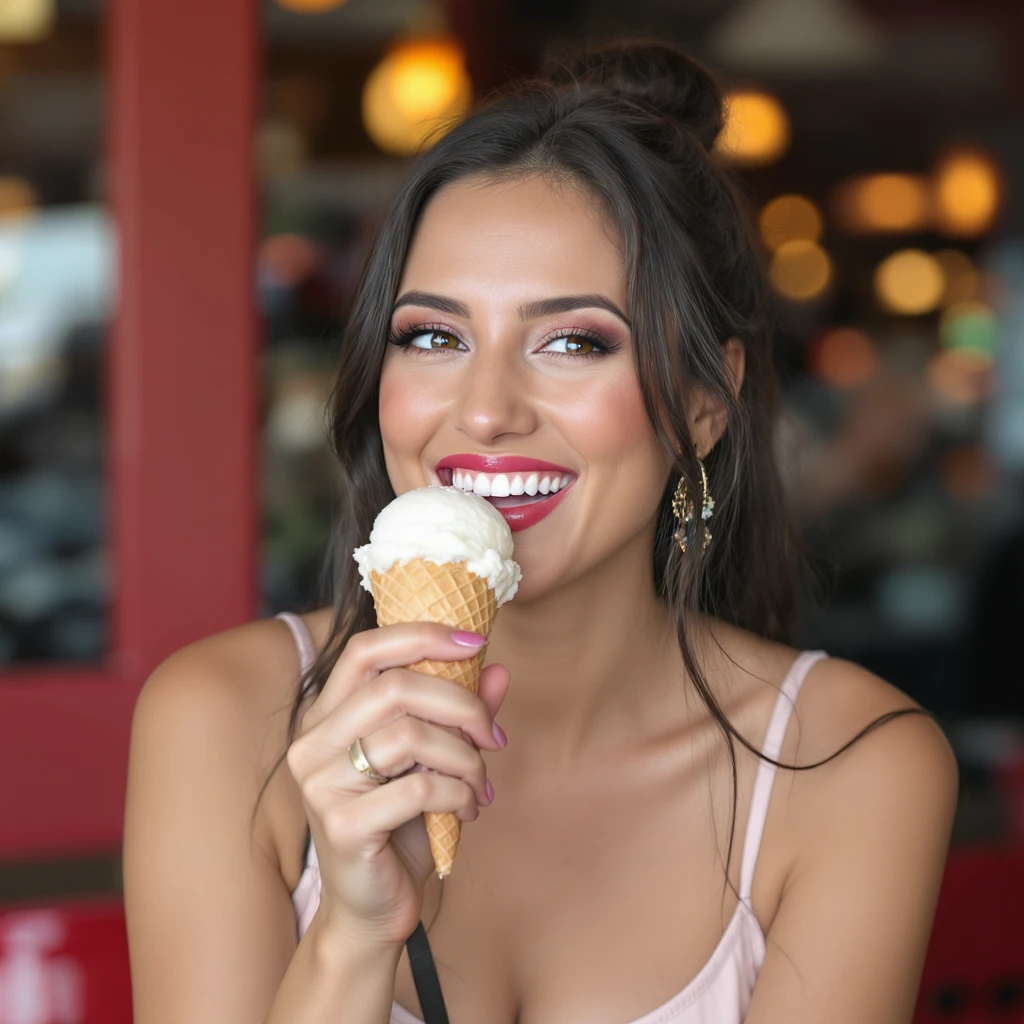 a woman enjoying an ice cream cone, realistic photography style emoji