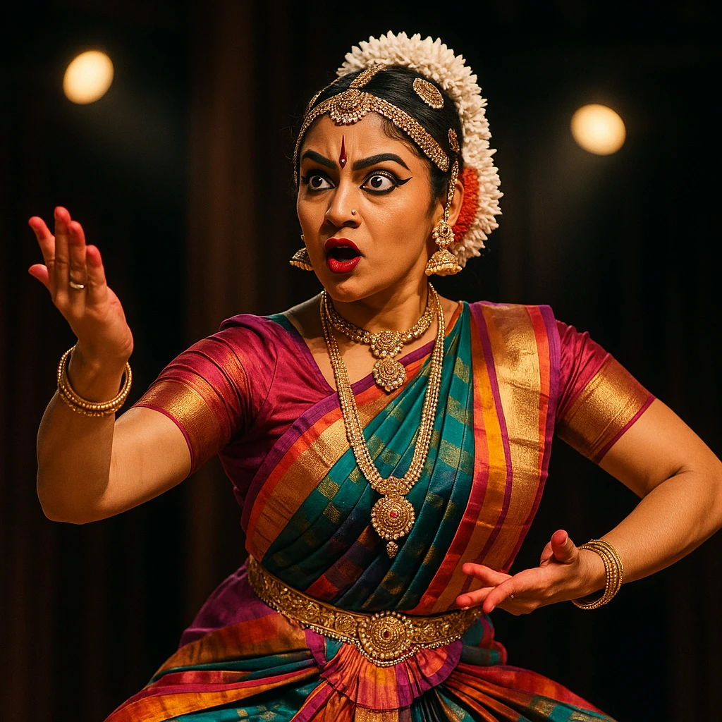 Bharatanatyam dancer, mid-performance, colorful silk saree, temple jewelry, dramatic facial expression, stage background emoji
