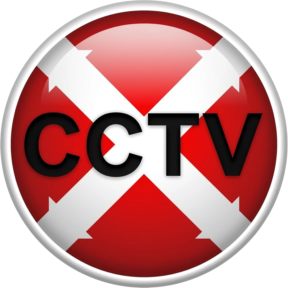 Red filled circle with white X and arrow on all end points on the X. Big CCTV word in the centre in black emoji