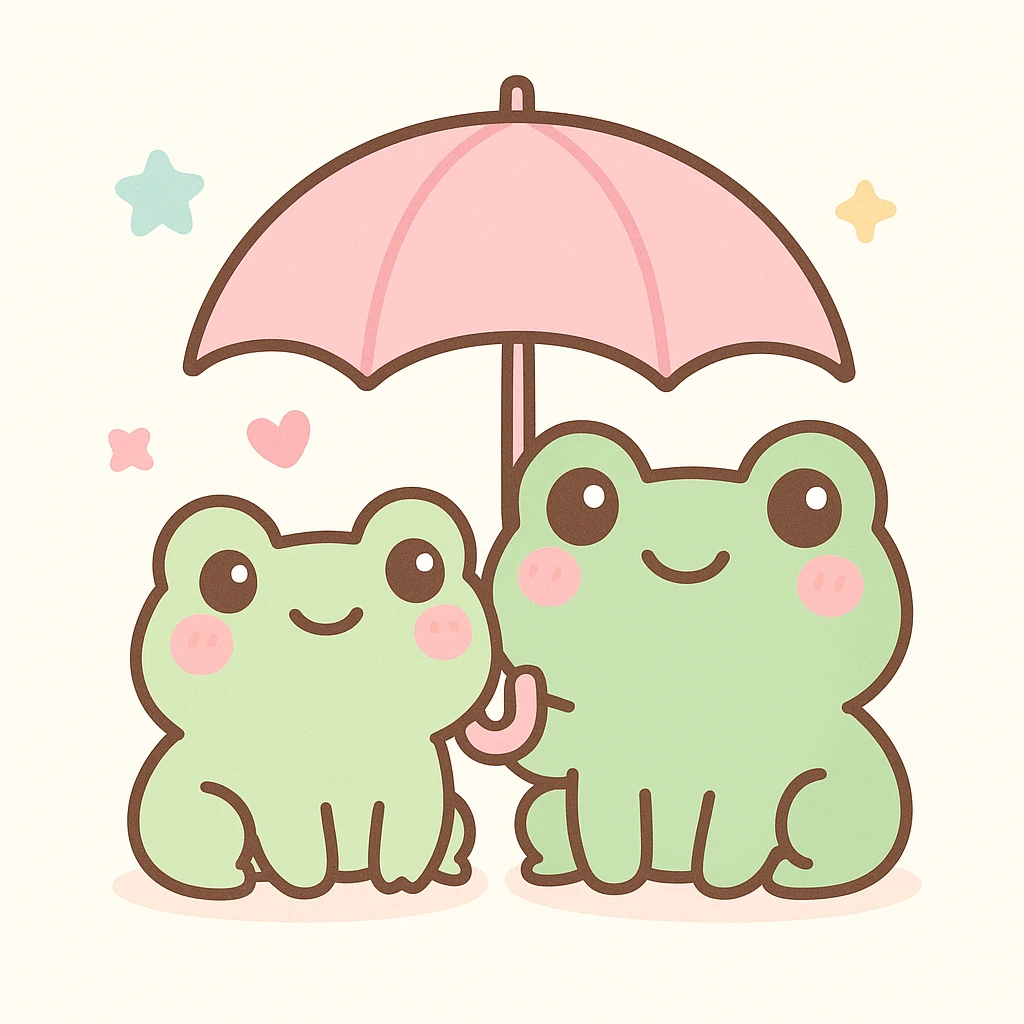 frog friends sharing an umbrella, adorable, kawaii style emoji