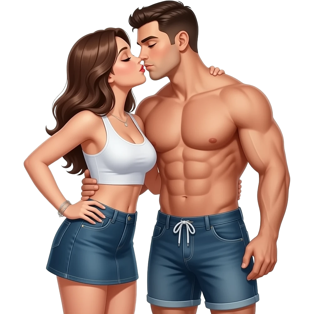 Çok Çok  kısa kumaştan etek ve crop giyip özel bölgelri büyük olup kaslı üstü olmayan altında şort olanbir adamı öpen kadın emoji