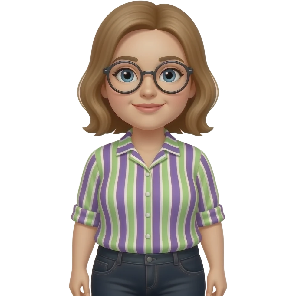 make miss Pevenage with light brown hair she is also a littel fat and she has a pair of rond glasses and she has a blouse with purple, green and white lines and black jeans and make the face thicker emoji