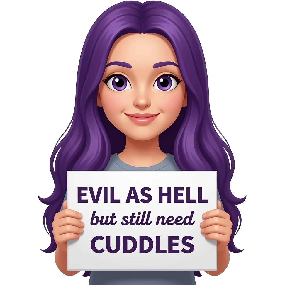 girl with long purple hair holding a EVIL AS HELL but still need CUDDLESsign emoji
