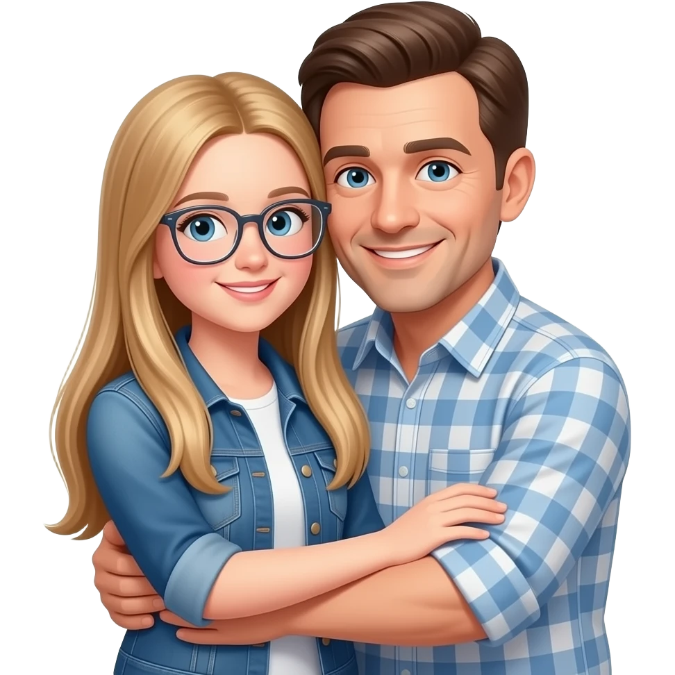 a dad and 13 year old girl hugging girl has longstraight strawberryblond hair CLEAR glasses emoji