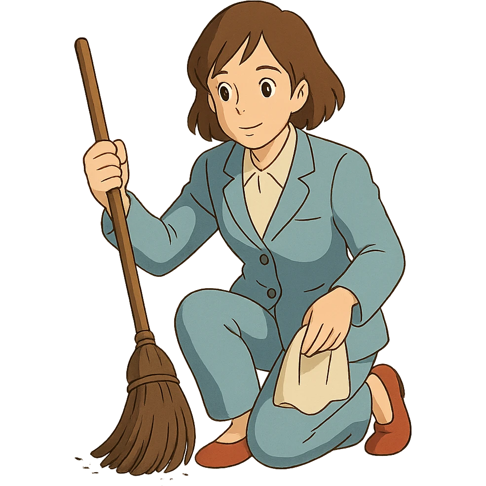 light-skinned woman in a light blue suit cleaning emoji