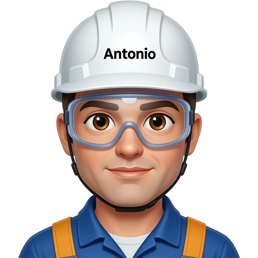 Electricista con ojos marrones claros que en el casco de color blanco diga Antonio y tenga lentes de protección emoji