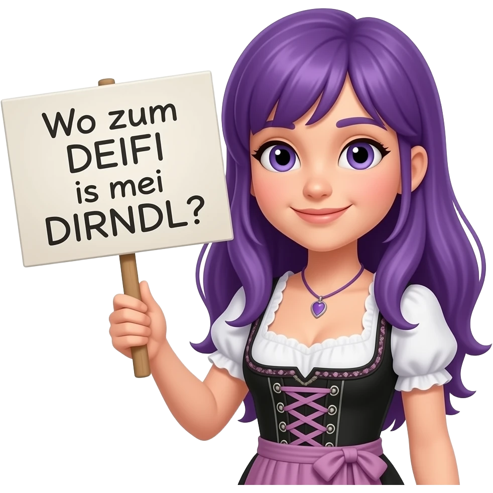 girl with long purple hair wearing a dirndl holding a Wo zum DEIFI is mei DIRNDL? sign emoji