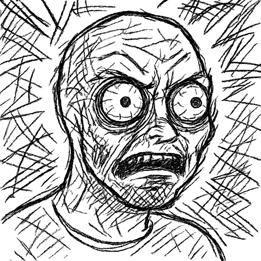 schizo emote, wild eyes, fragmented background, chaotic energy, meme style emoji