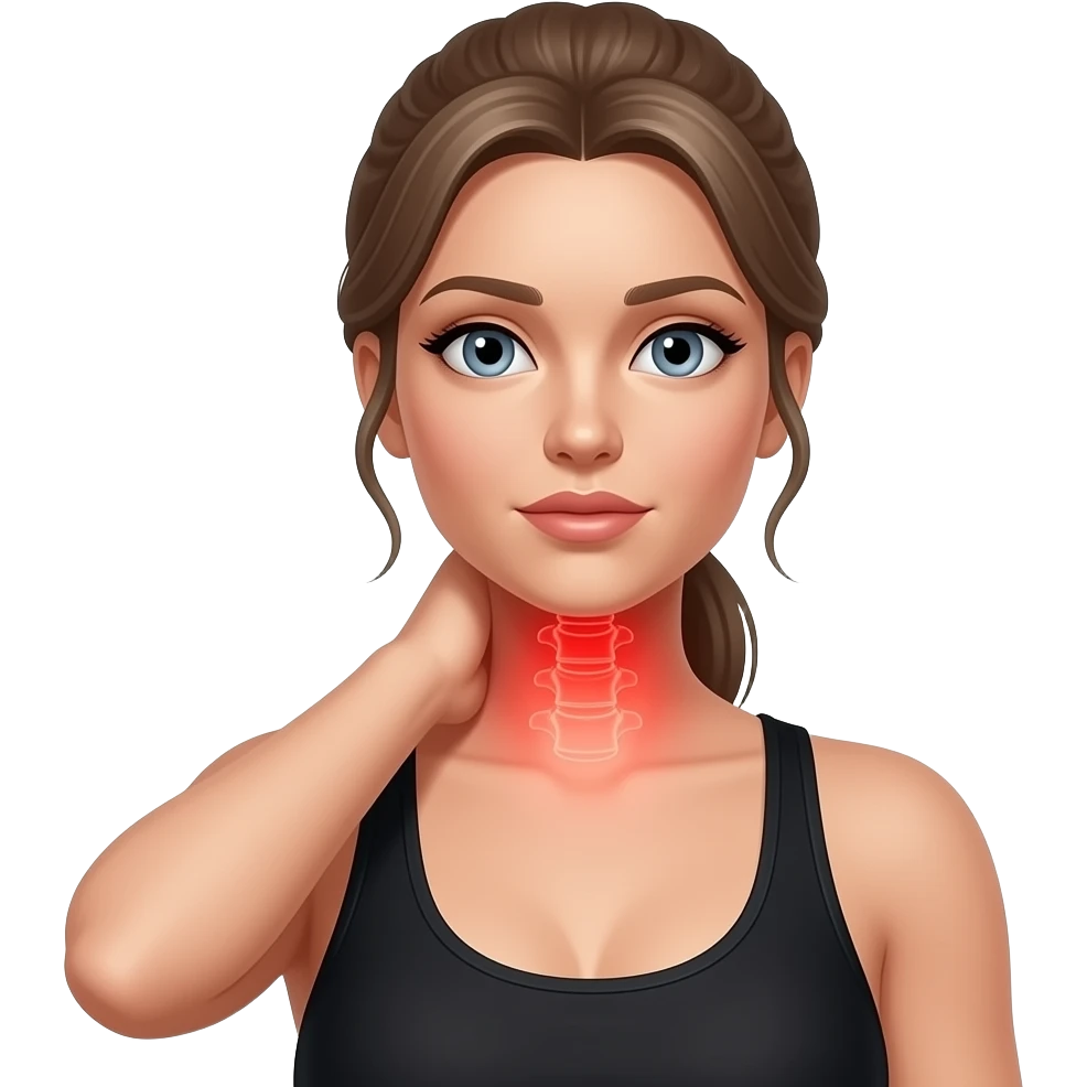 neck pain, anatomical highlight of the cervical spine and neck muscles, full red glow over the entire neck area, woman touching her neck, fair-skinned woman, gray-blue eyes, ash brown brows, ash light brown hair tied back, slim athletic body, black workout set emoji