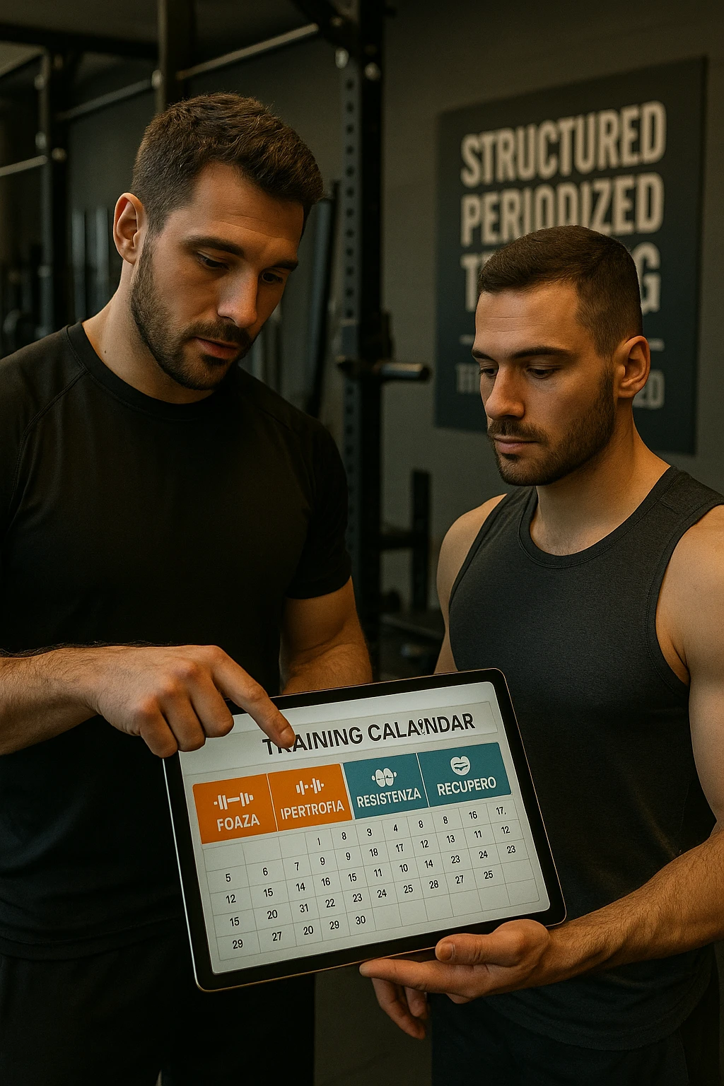realistic cinematic photo a personal trainer and a client stand in a modern gym, reviewing a large, color-coded training calendar or chart on a tablet. The calendar shows different phases (Forza, Ipertrofia, Resistenza, Recupero) with icons and dates. Around them, gym equipment and motivational posters reinforce the idea of structured, periodized training. in italiano emoji