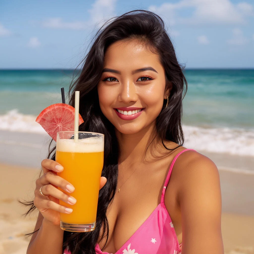 take this picture of a woman and make it  beach photo with drink emoji