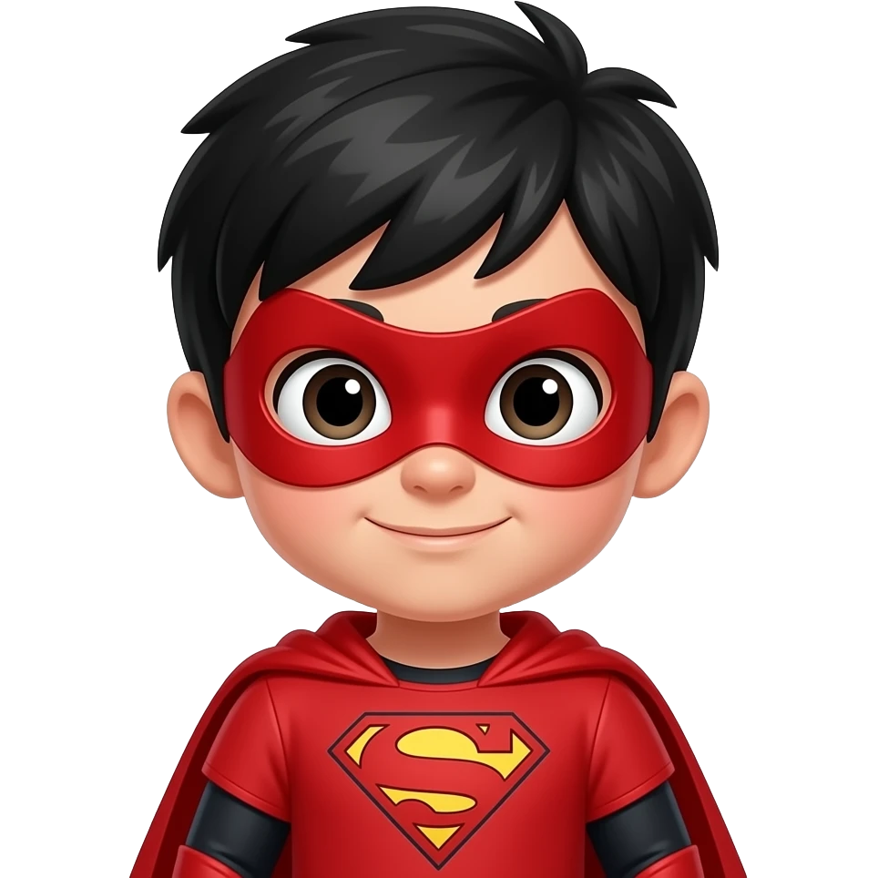 quiero que me hagas a un superheroe con el pelo negro mascara roja i con un traje rojo i un simbolo de super fuerza que sea un niño emoji