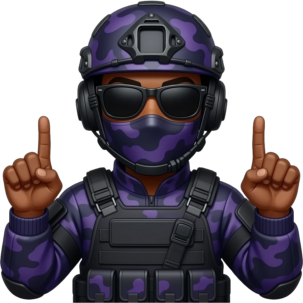 Black Man with two middle fingers in large black sungoggles dark purple camoflage tactical gear helmet mask emoji