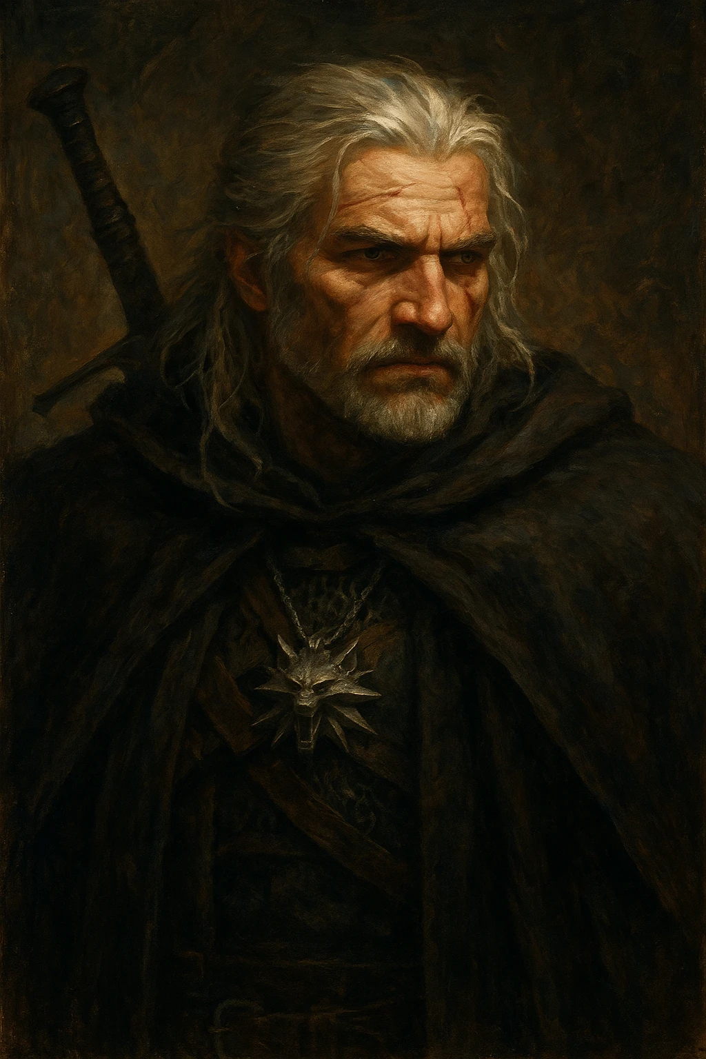 Geralt of Rivia, rugged look, wolf medallion, dark cloak, painterly fantasy style emoji
