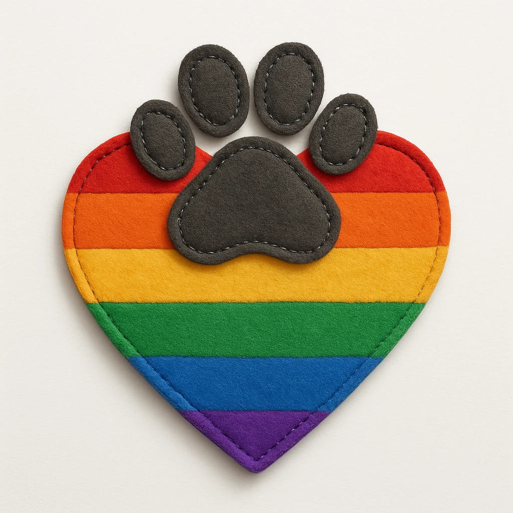 rainbow pride heart with a paw print on top, felt patch style, no text emoji