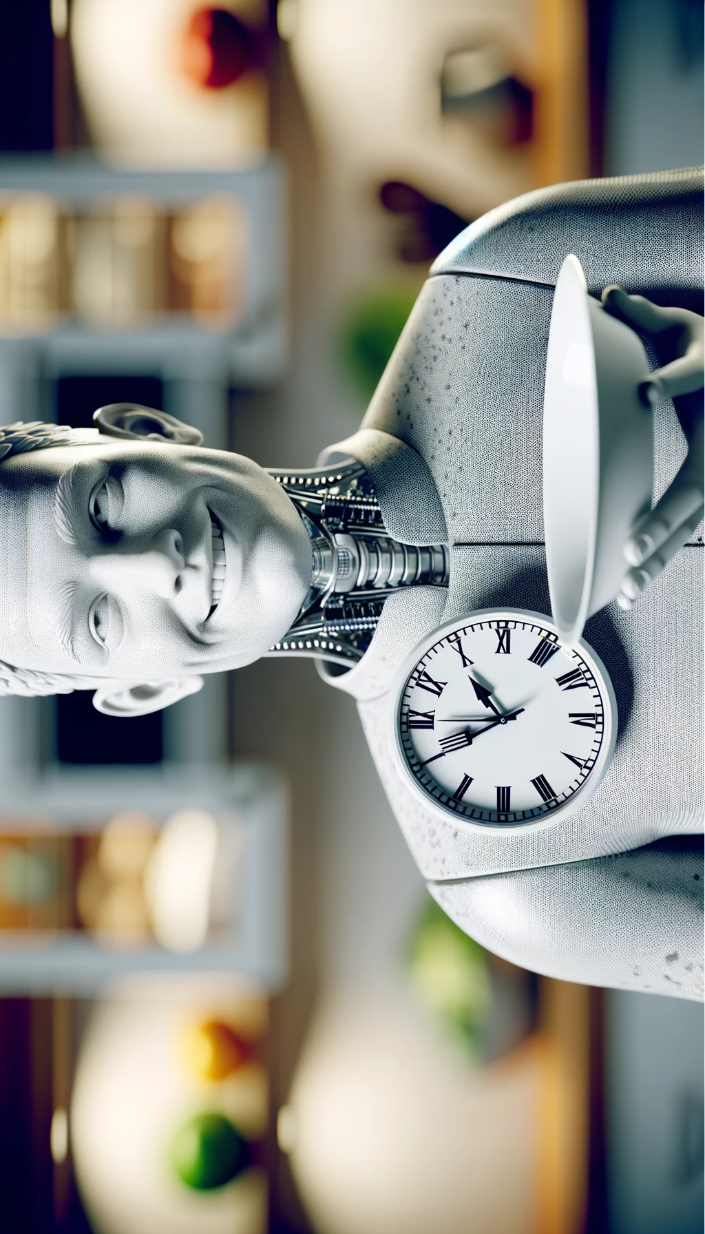 corpo umano anatomico, che tiene in mano un piatto bianco con la lancette di un orologio sopra, figura visibile fino ai fianchi, espressione del volto soddisfatta, sullo sfondo la sua cucina sfocata, iperrealistico 4k emoji