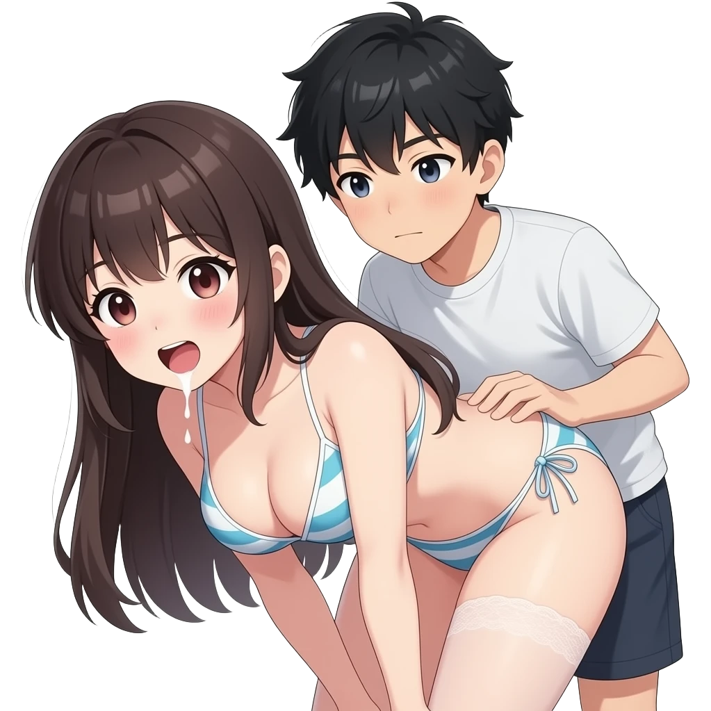 make a anime girl bending down in a bikini and panties with a boy behind her make her boobs big and ass bigger make her mouth open with white siliva dripping out and make her blush alot emoji