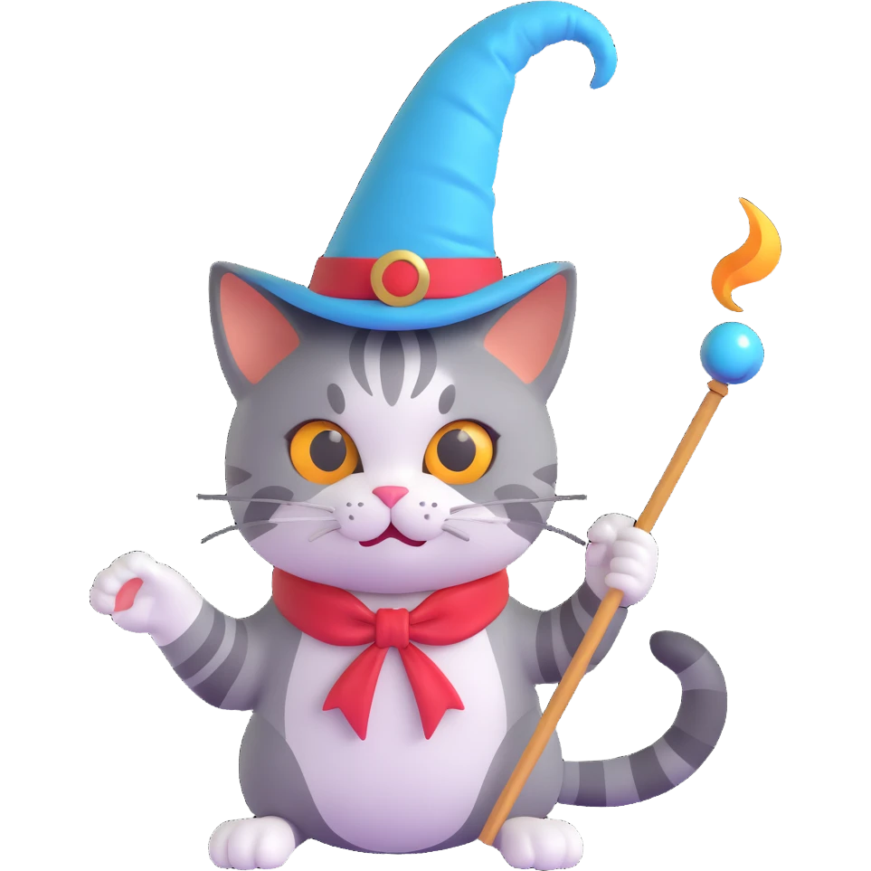 cat magician conjuring a spiral, 3d emoji style emoji