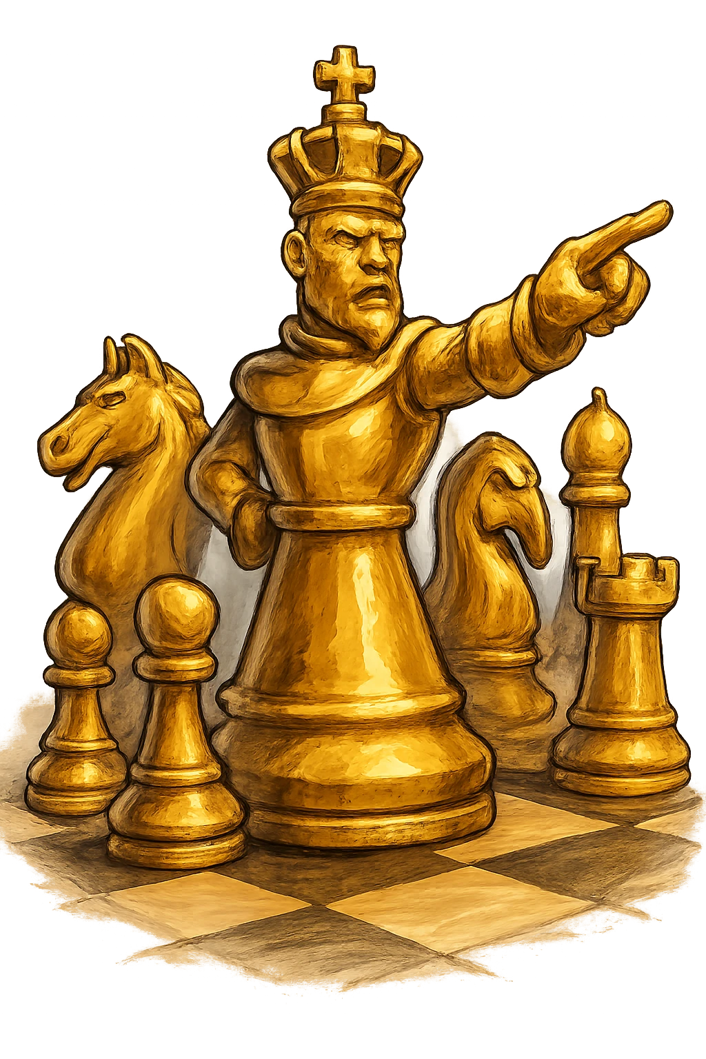 В cлегка рисованной, но при этом объемной, яркой и фотореалистичный стилистике сгенерируй картинку где по центру стоит шахматный король сделанный из качественного золота, он указывает пальцем в даль как военноначальник, а рядом фигуры пешек, конь, ладья, слон идут в атаку, на полу виднеется шахматная доска, фон позади фигур прозрачный фон emoji