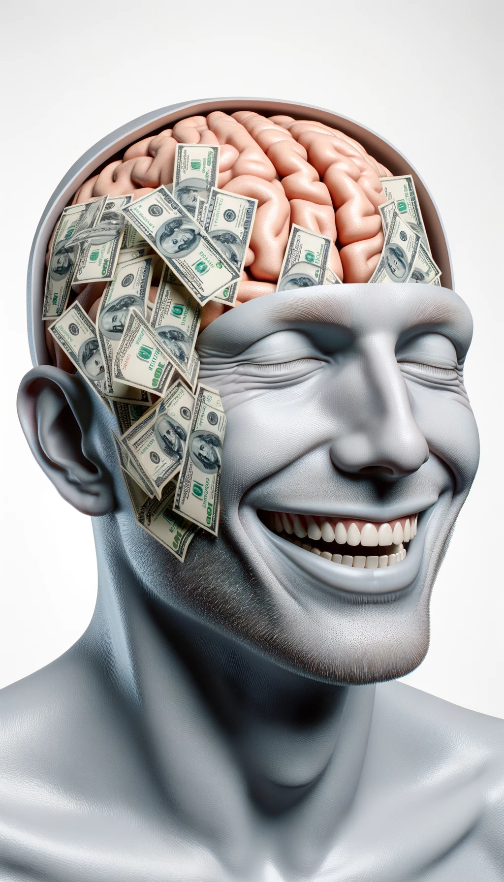corpo umano anatomico sereno e felice con una montagna di banconote davanti al viso, espressione stupita, iperrealistica 4k, isolato su sfondo bianco emoji