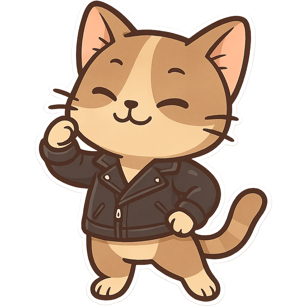 cat with a leather jacket, striking a pose emoji