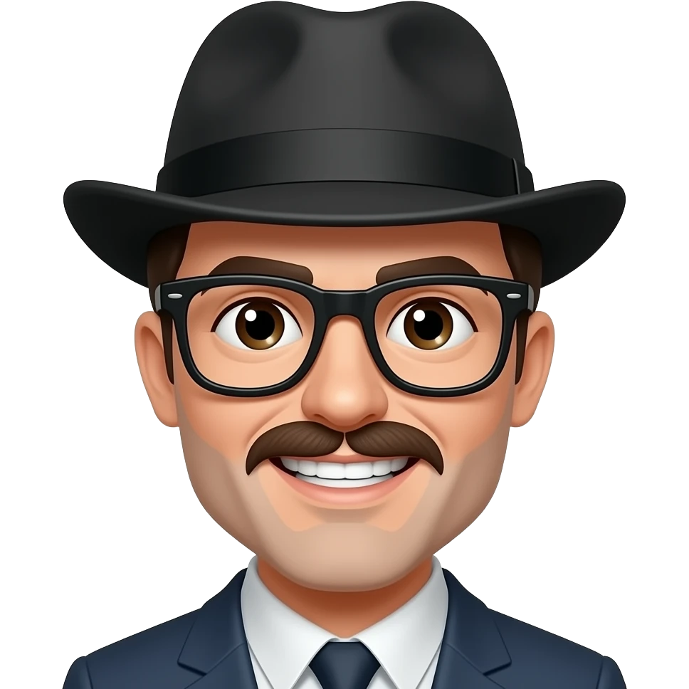 Man with black glasses with thick lens, a moustache and buck teeth, wearing a hat emoji
