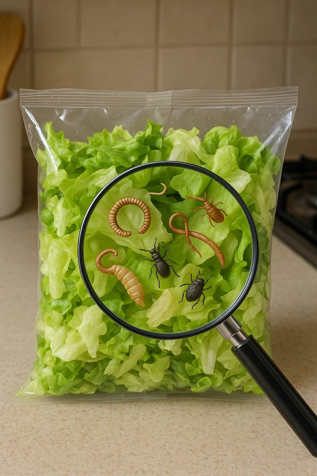 Insalata in busta ricca di pa transparent plastic bag of pre-washed salad sits on a kitchen counter. Through the bag, small, detailed images of various parasites (such as worms, larvae, or microscopic bugs) are visible among the lettuce leaves. A magnifying glass hovers over the bag, enlarging the parasites for emphasis. The mood is cautionary and educational.arassiti emoji