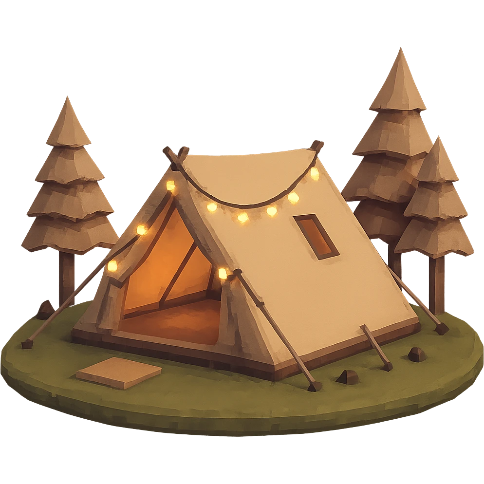 Add fairy lights draped over the tent, maintaining the pastel beige 3D low poly style, minimal and elegant with soft lighting, no background. emoji